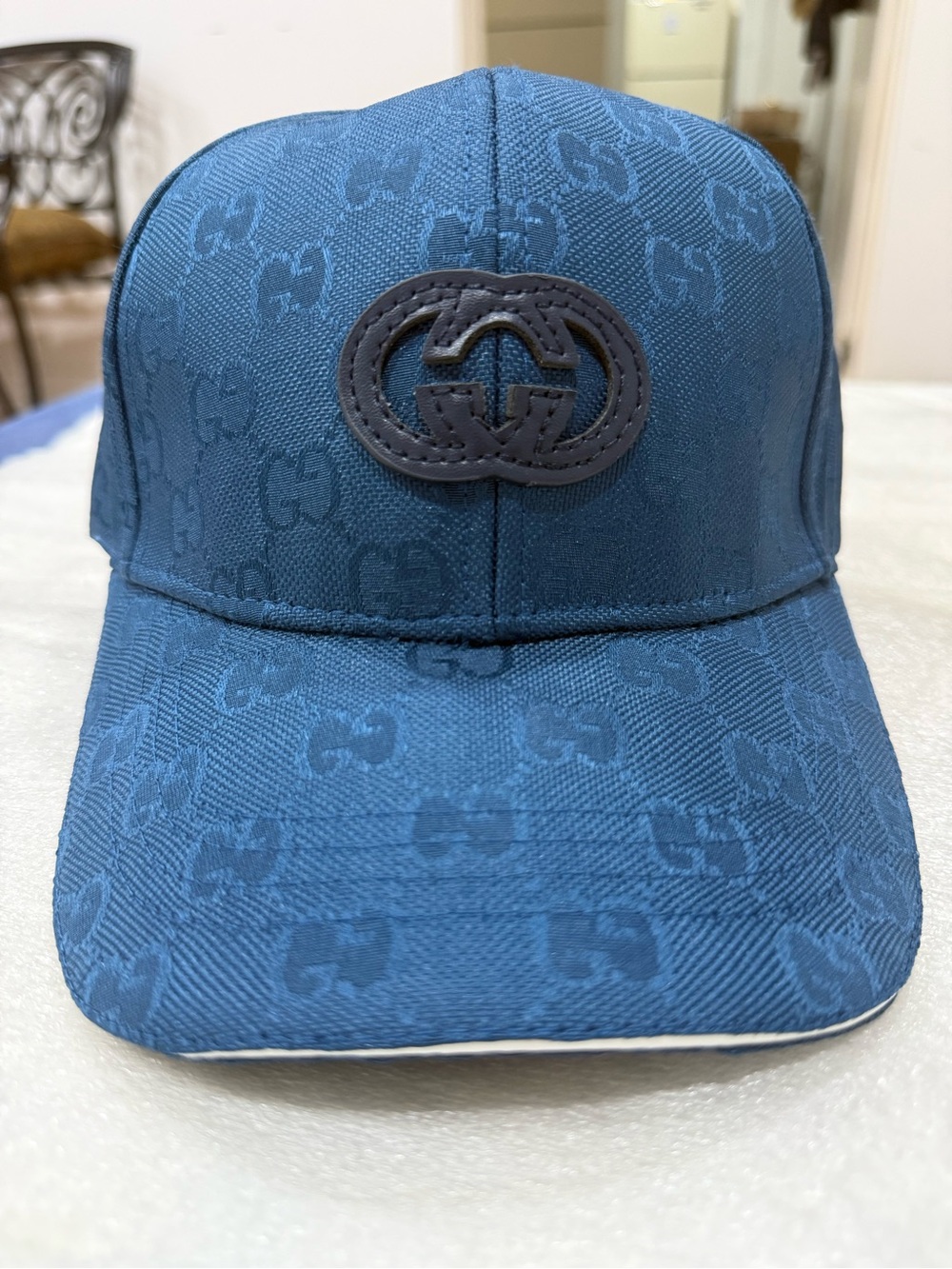 Gucci Blue Monogram Baseball Cap with Embossed GG Patch